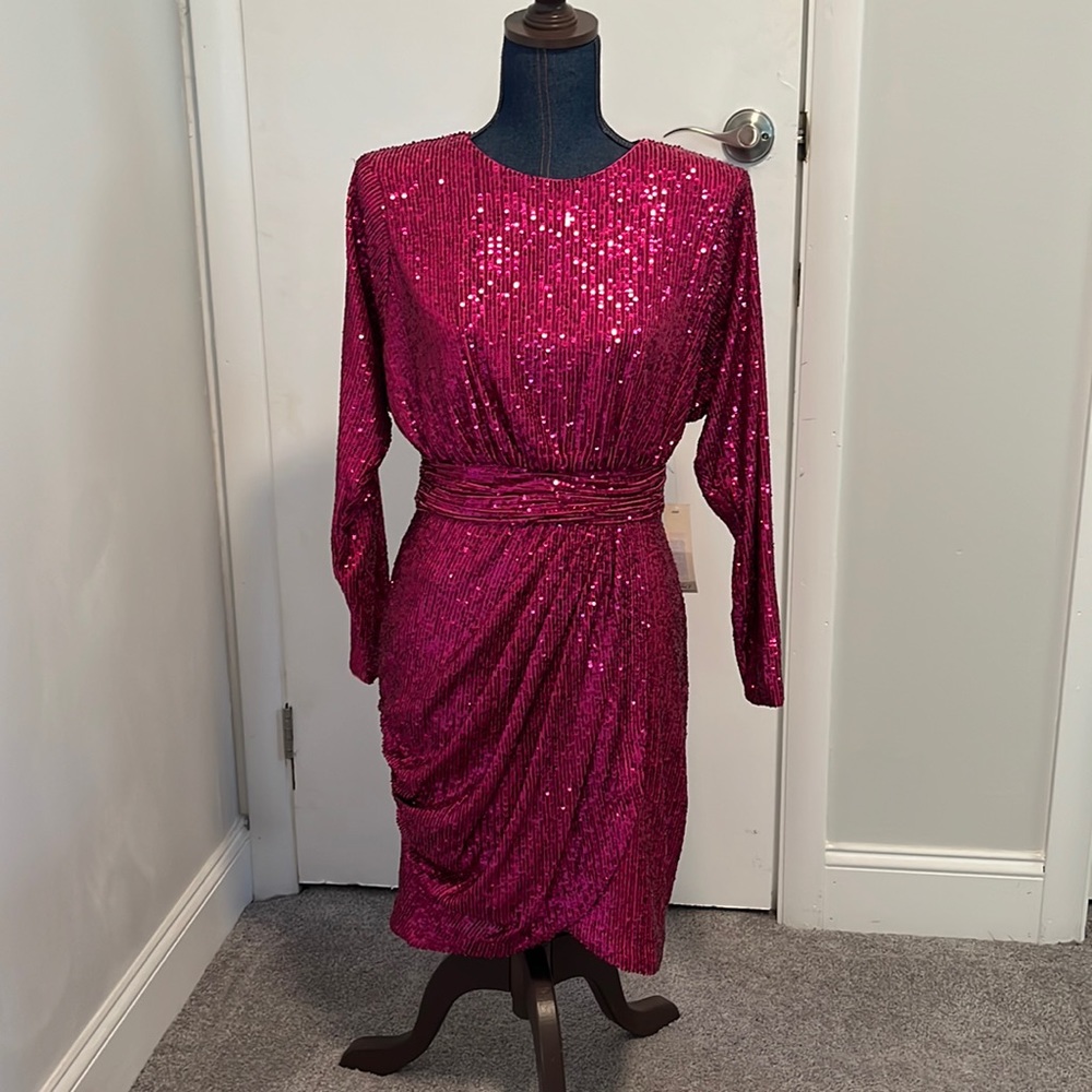 Eliza J Stretch Pink Sequin Draped Tulip Cocktail Dress Size 8 NWT